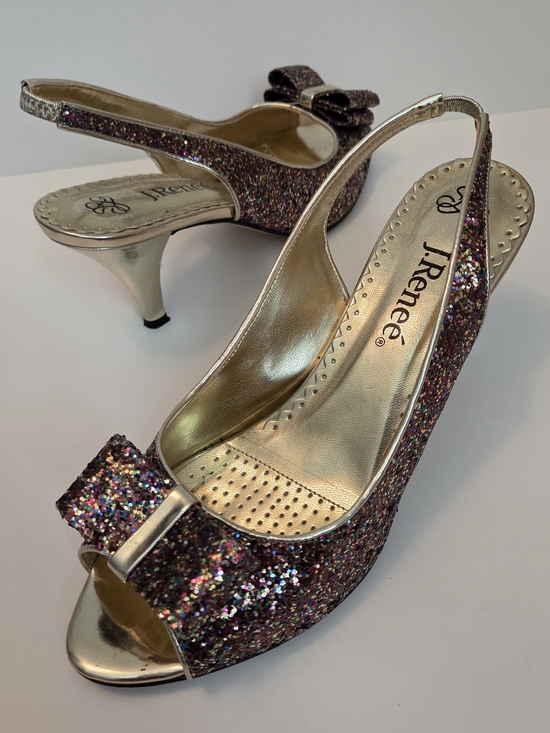 J.Renee Shoes - Glitter Slingback Peep-Toe Heels with Bow Metallic Gold Shoes